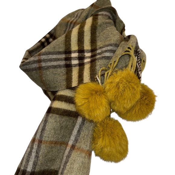 CASHMERE Olive chartreuse rabbit fur balls trim Nova Check Plaid Shawl Wrap FALL - Picture 3 of 6